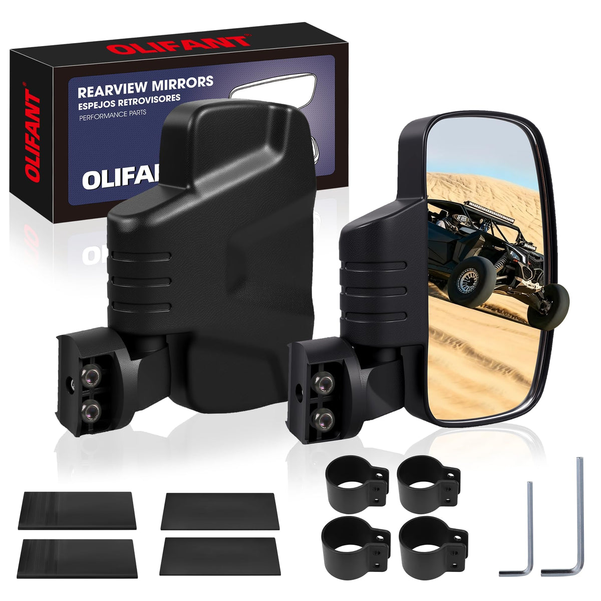 OLIFANT mirror front view showing rugged housing and wide coverage benefit