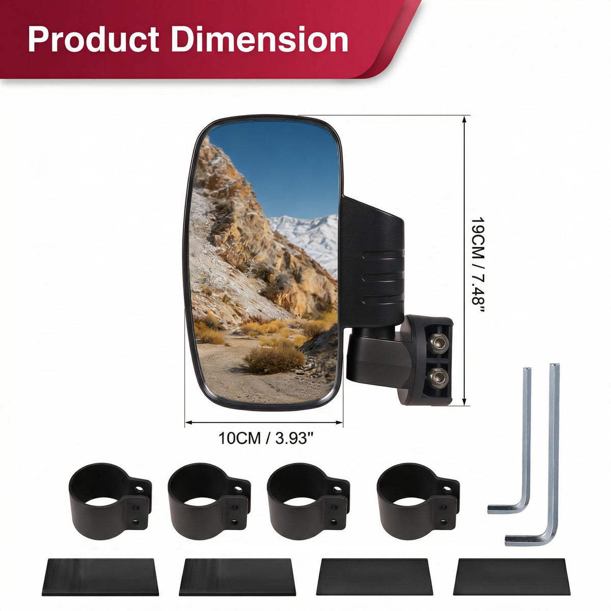 OLIFANT mirror beside tape measure showing scale and compact profile benefit