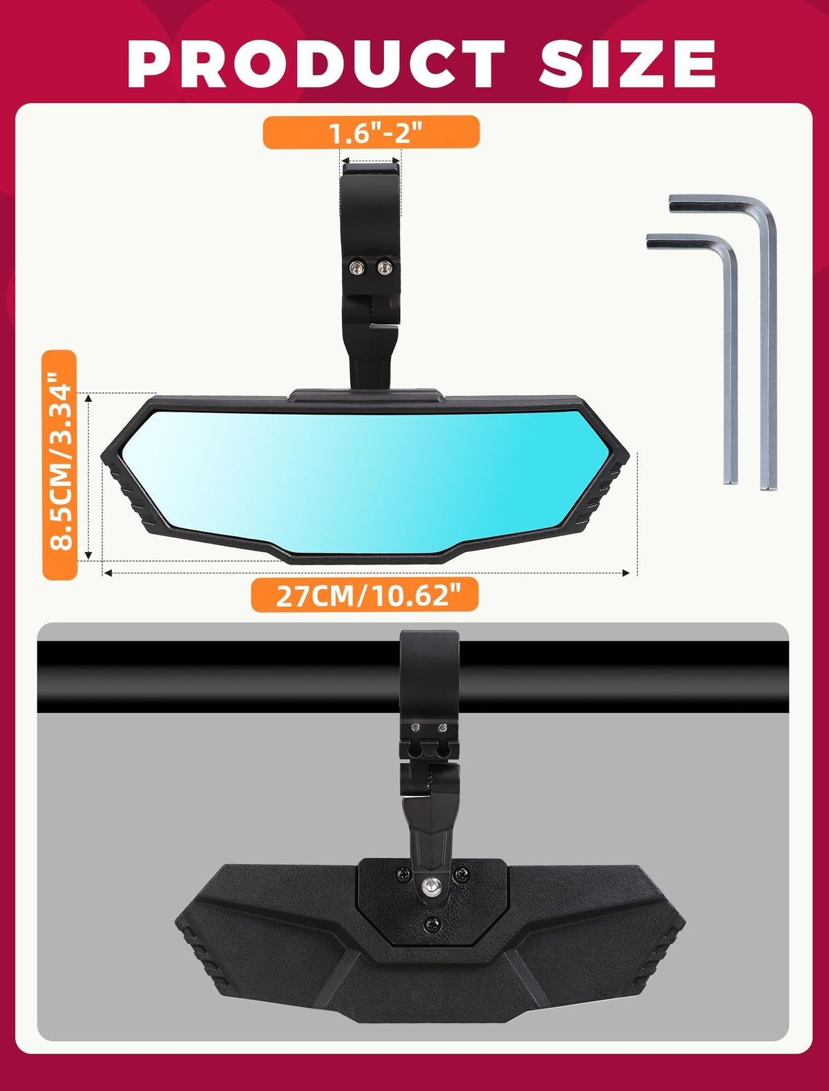 OLIFANT mirror next to ruler showing 10.62 by 3.38 inch sizing for fit
