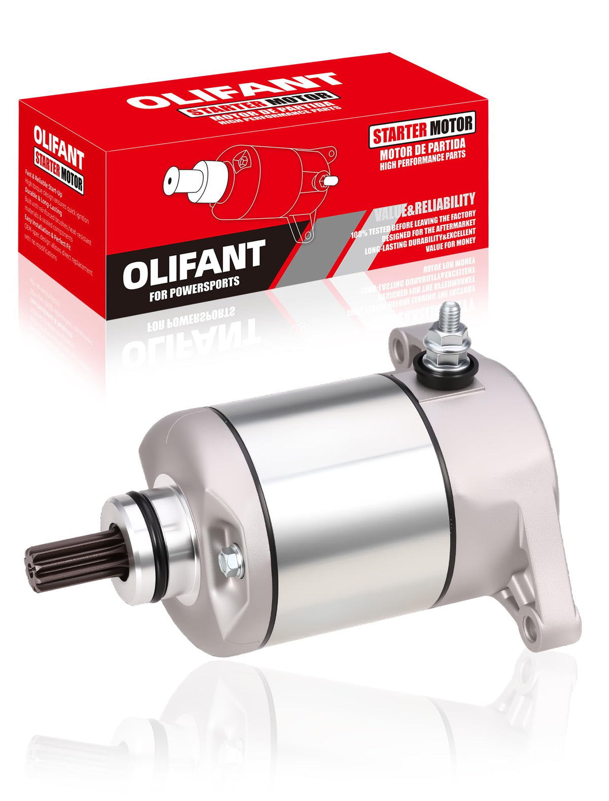 OLIFANT starter front view showing fitment and durable housing benefit