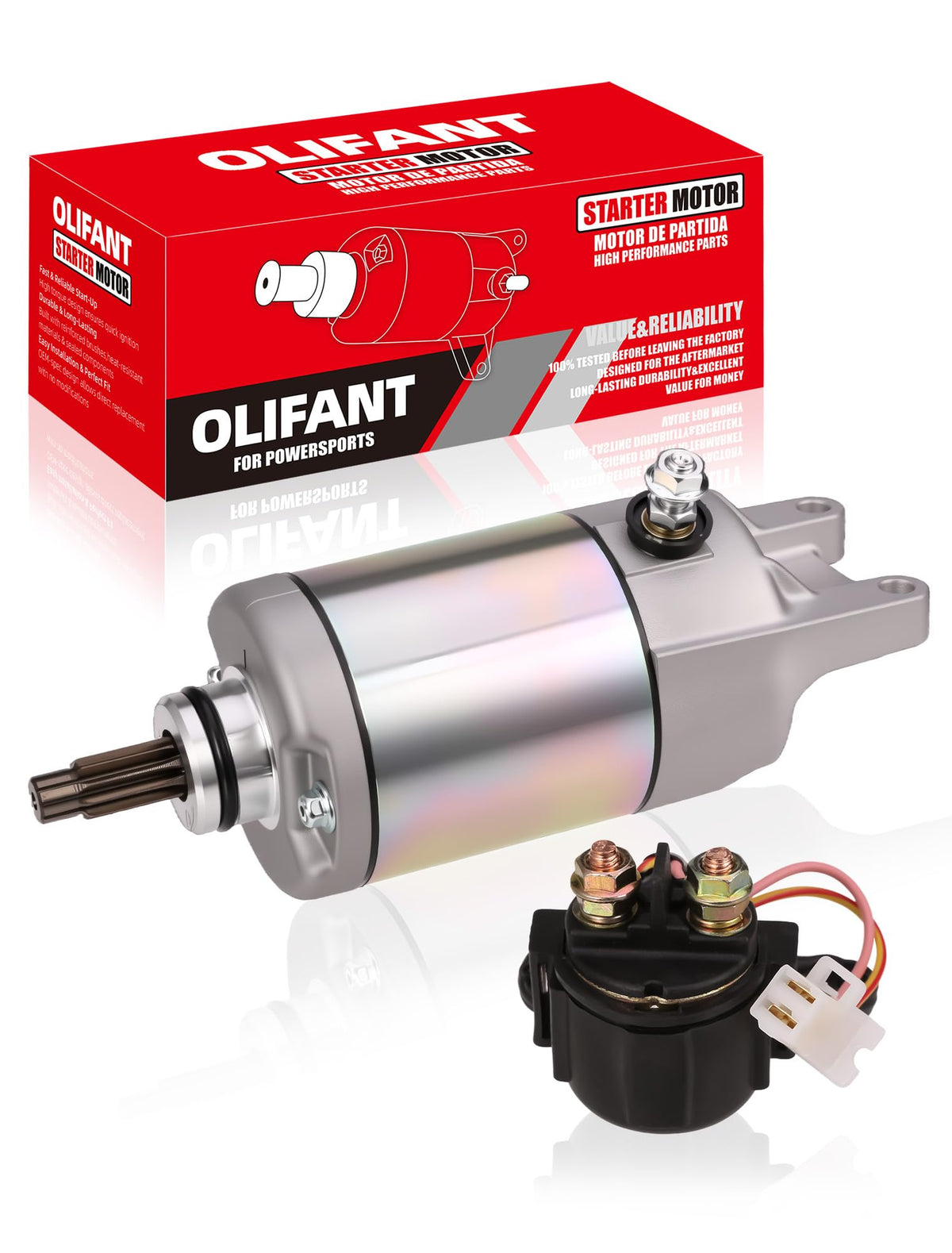 OLIFANT starter front view showing compact housing and improved durability benefit