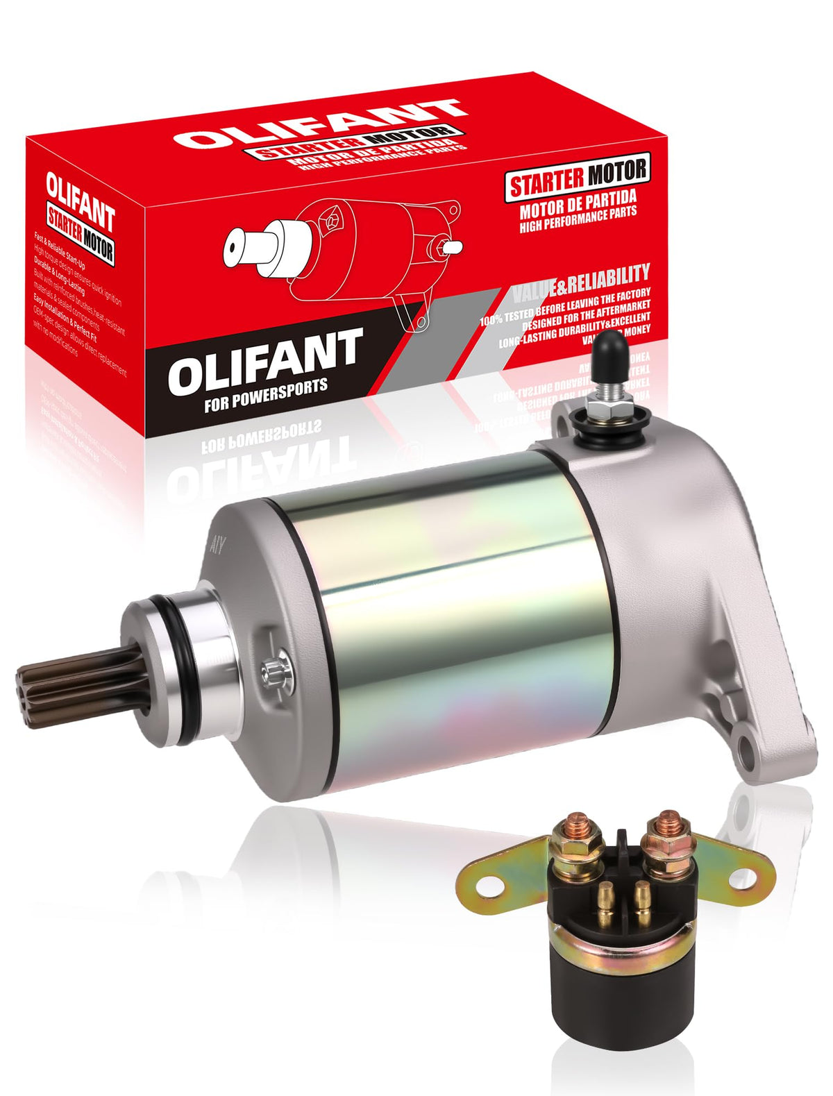 OLIFANT starter front view showing mounting pattern and quick fit benefit