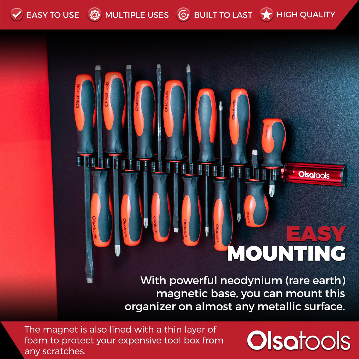 Olsa Tools tension clip holding a screwdriver securely for quick removal benefit