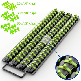 Olsa Tools close-up of green ABS spring clips gripping a socket for secure hold