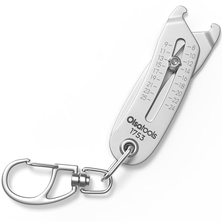 Olsa Tools front view of keychain bolt gauge showing dual-sided layout and portability