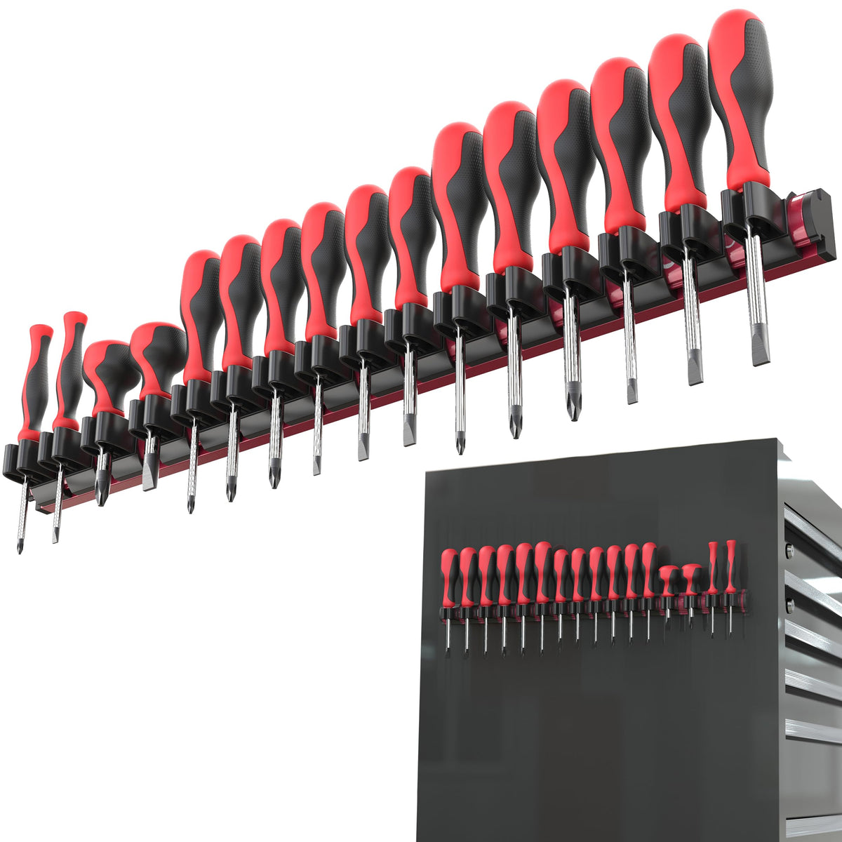 Olsa Tools front view red rail showing full 16-clip layout and accessibility benefit