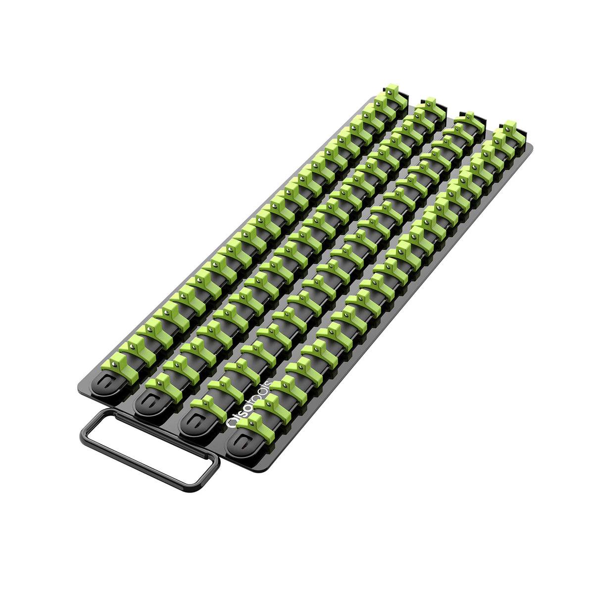 Olsa Tools front view of socket tray showing black rails and green clips for neat storage