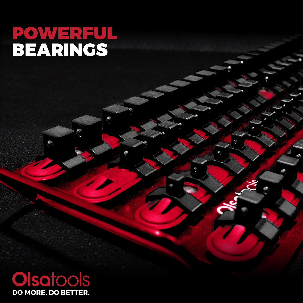 Olsa Tools rail loaded with 1/4, 3/8, 1/2 inch sockets for versatile compatibility