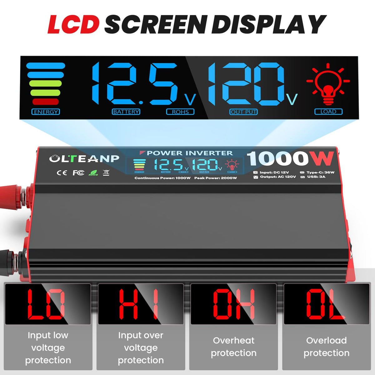 OLTEANP LCD display showing input and output voltages for quick monitoring