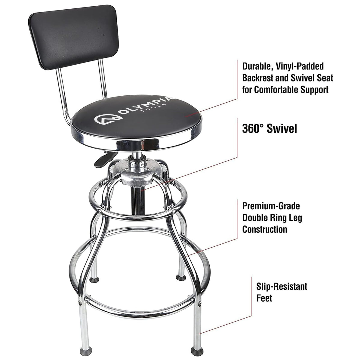 Olympia Tools backrest detail illustrating comfort and lumbar support
