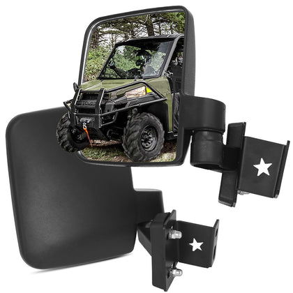 Omgro front view of mirrors mounted on Polaris Ranger showing clear sightlines