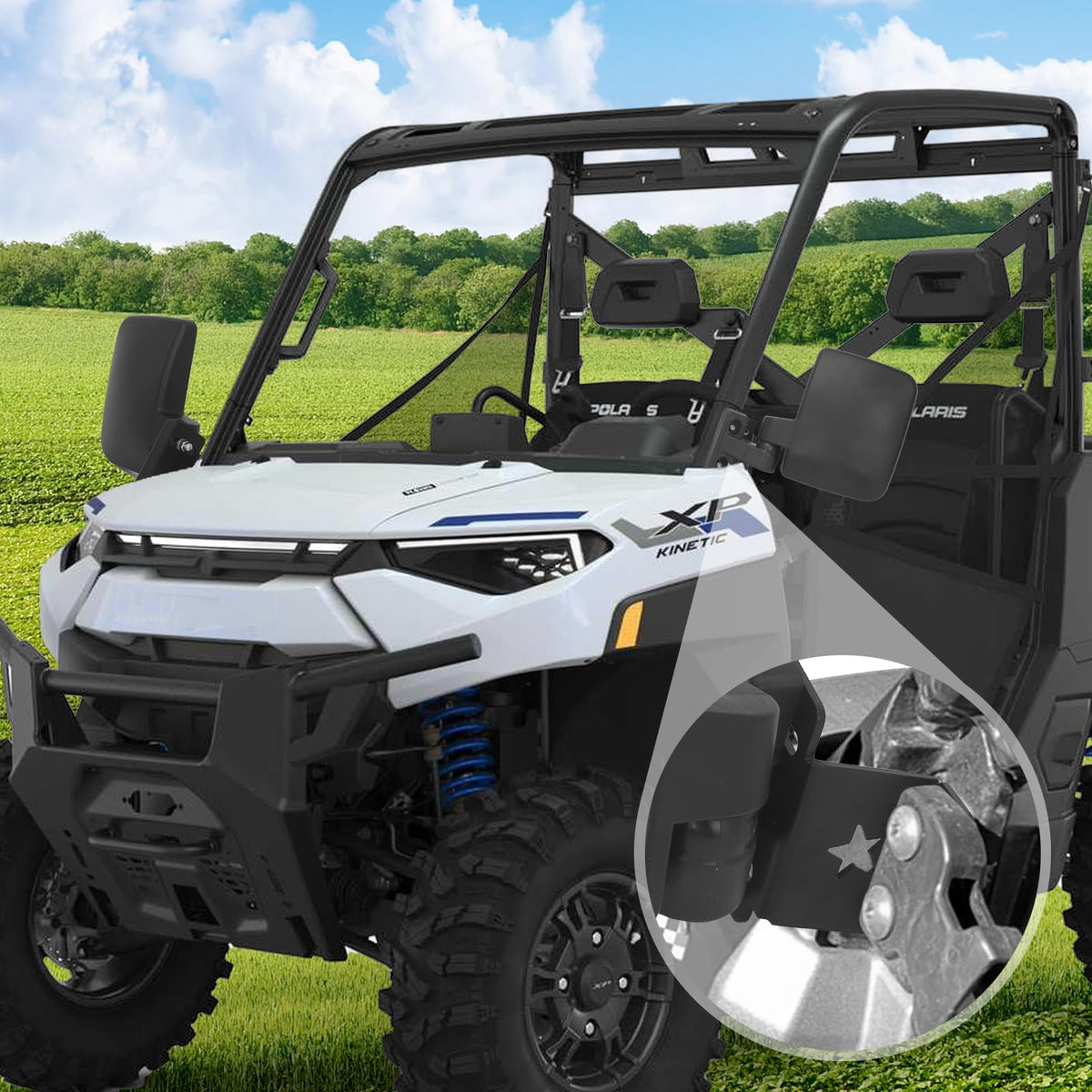 Omgro mirrors on Polaris Ranger in trail setting improving safety