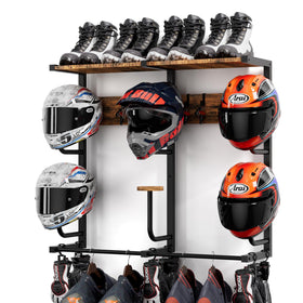 OMISRUIS front view helmet rack showing six platforms and hooks for organized storage