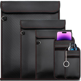 OMKHE front view of five faraday bags showing modern texture and secure closure benefit