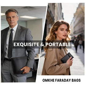 OMKHE faraday bags inside a backpack for travel showing discreet privacy protection