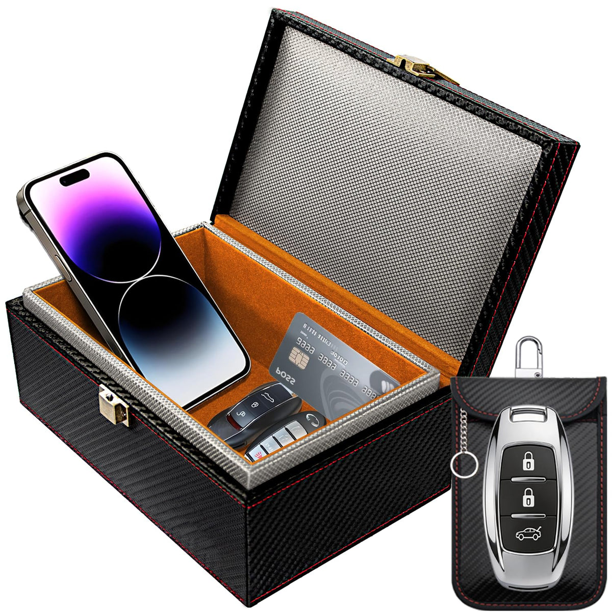 OMKHE Faraday Box front closed showing premium buckle and secure protection