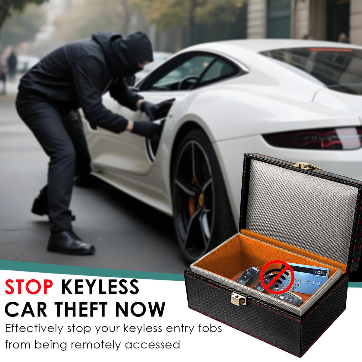 OMKHE Faraday Box open with car keys inside demonstrating secure storage