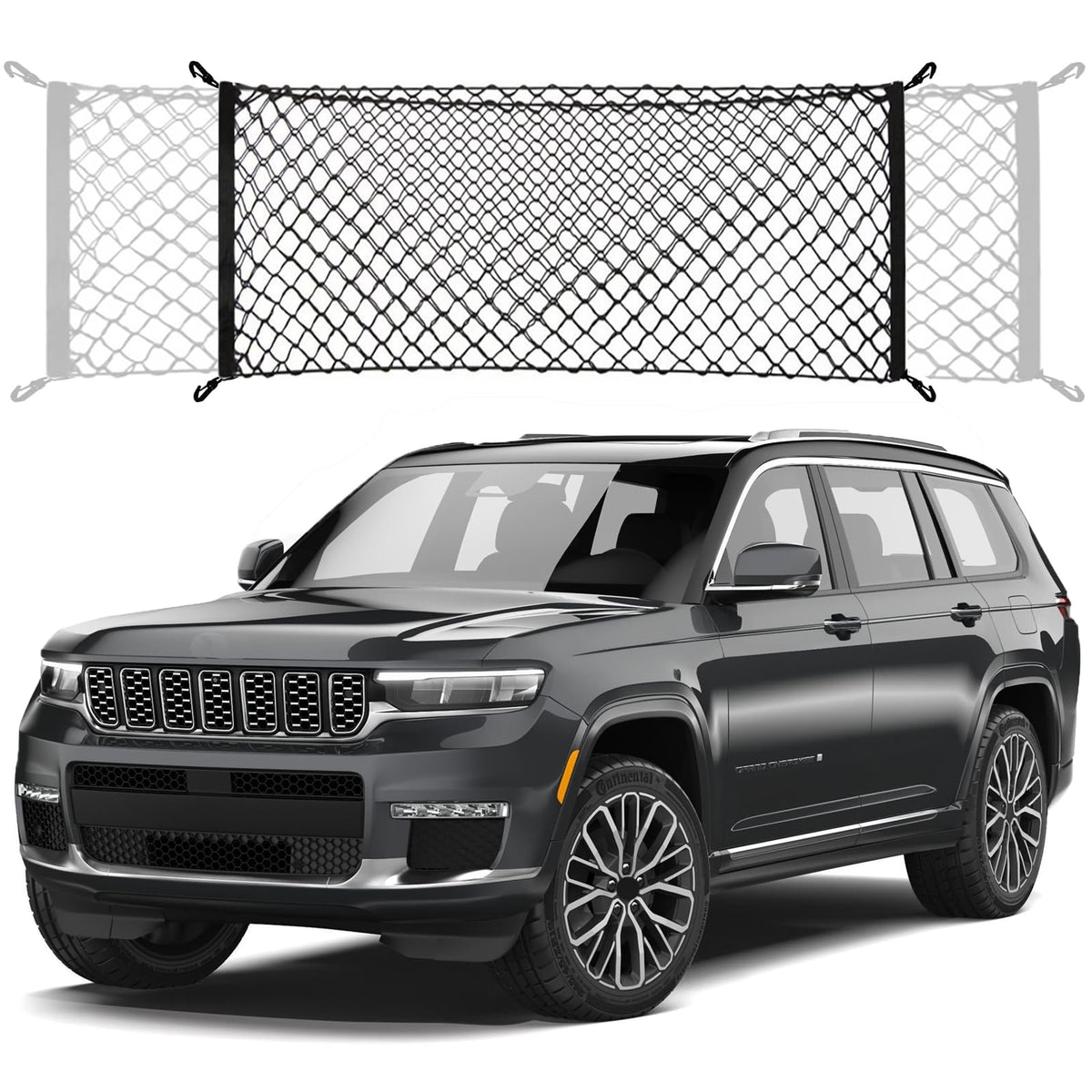 Omocyra front view of envelope cargo net showing fit and quick install benefit