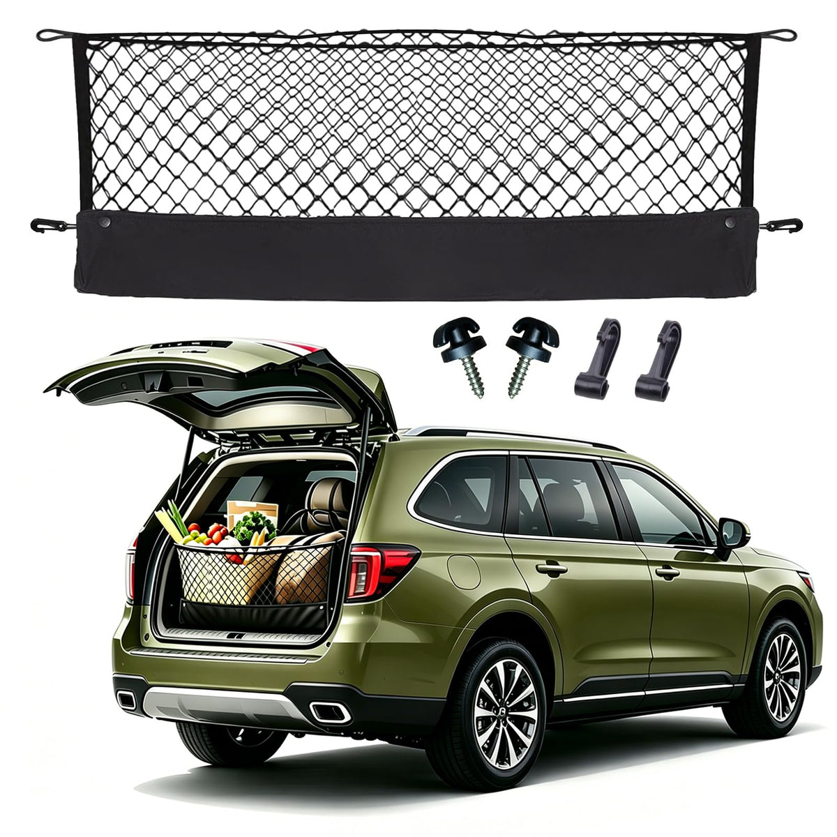 Omocyra front packaging showing Subaru Outback compatible cargo net and quick install benefit