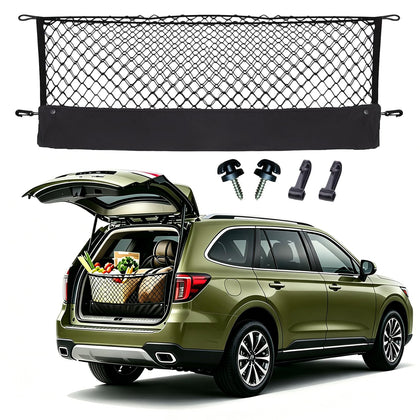 Omocyra front packaging showing Subaru Outback compatible cargo net and quick install benefit