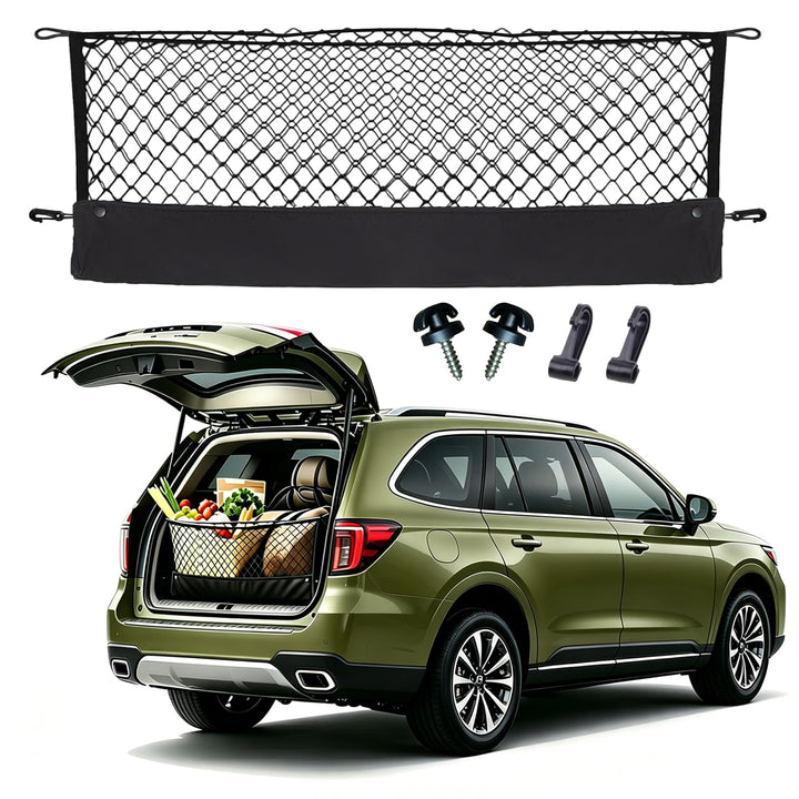 Omocyra front packaging showing Subaru Outback compatible cargo net and quick install benefit