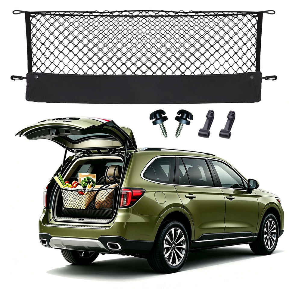 Omocyra front packaging showing Subaru Outback compatible cargo net and quick install benefit