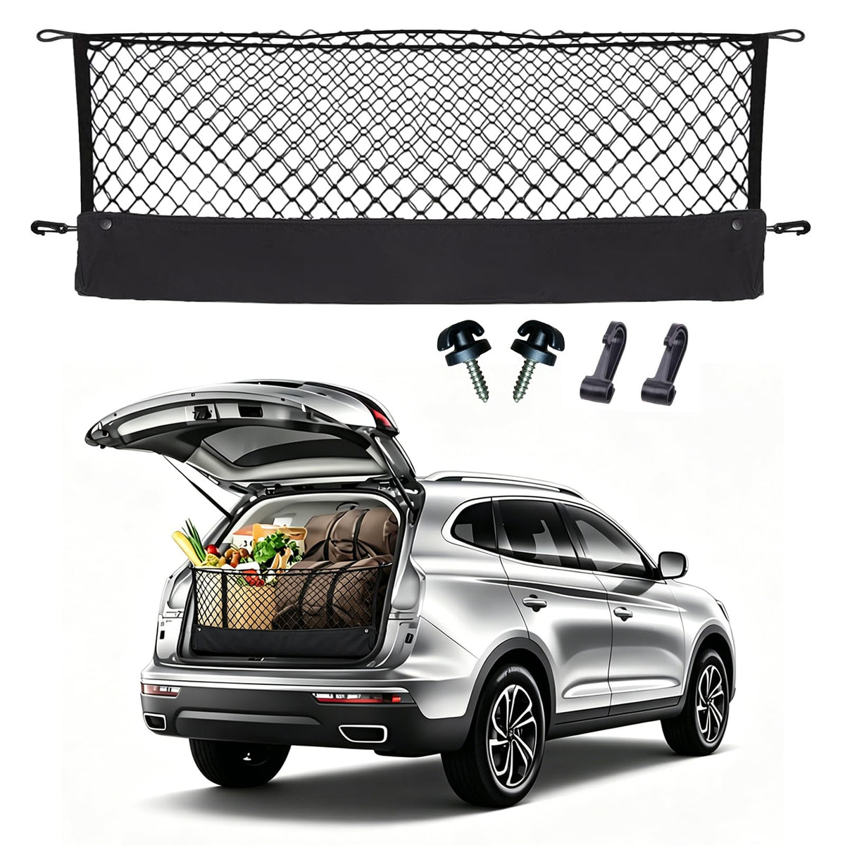 Omocyra front view of cargo net installed showing neat trunk organization