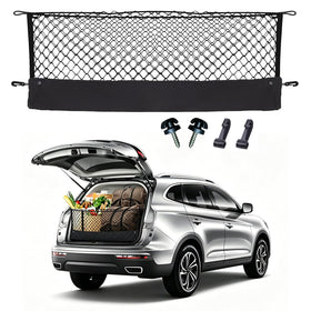 Omocyra front view of cargo net installed showing neat trunk organization