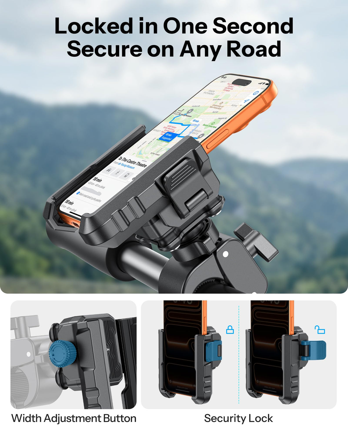 OMOTON BK01 holding phone with slim case in portrait for navigation convenience