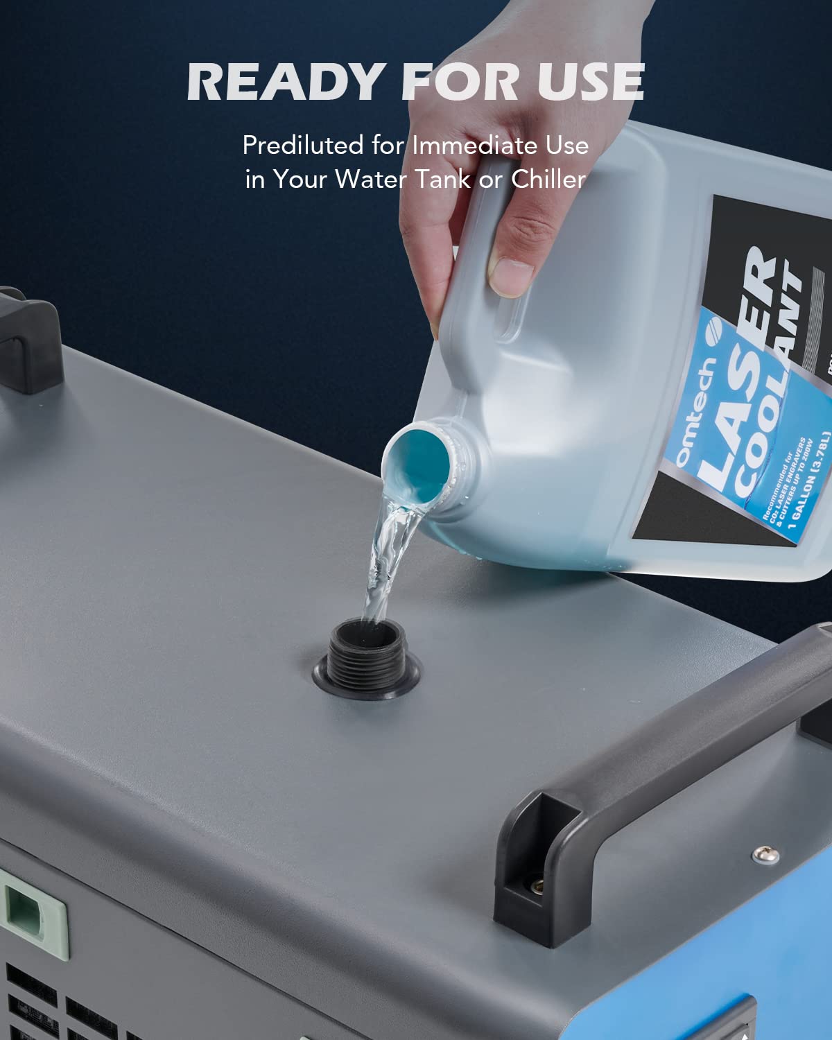 OMTech one-gallon beside ruler illustrating size and ready-to-use convenience benefit