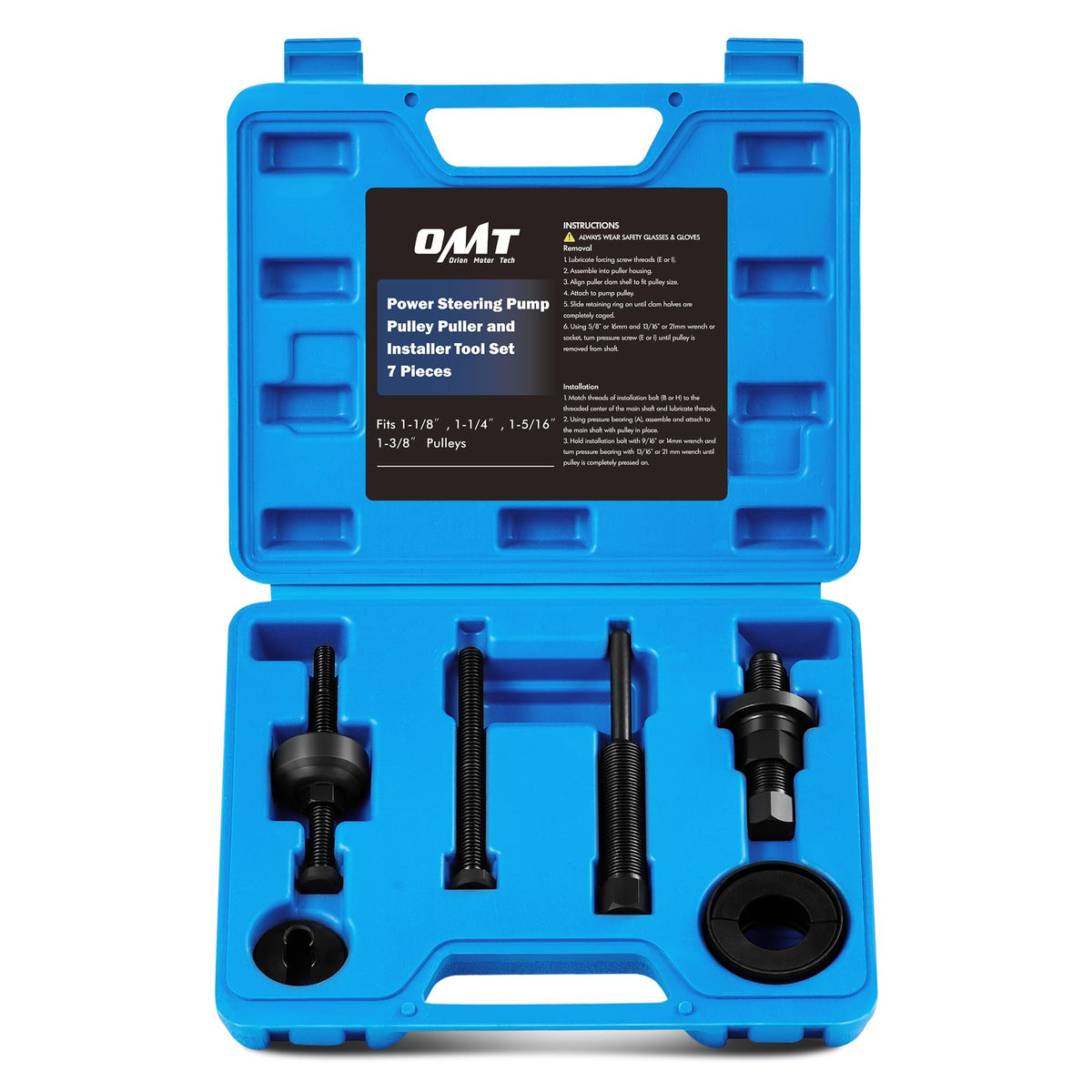 Orion Motor Tech front case showing organized seven-piece pulley tool kit benefits portability