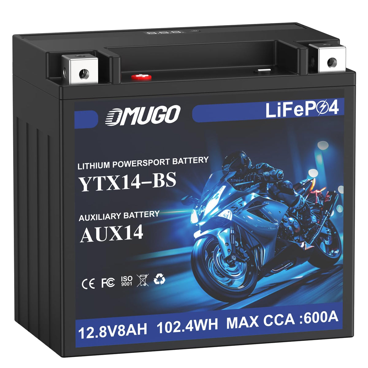 OMUGO front view showing compact battery and clear branding for easy identification