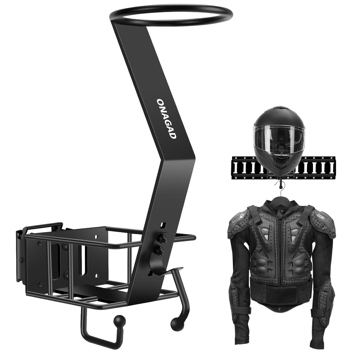 ONAGAD rack front view showing e-track mount and secure helmet storage benefit