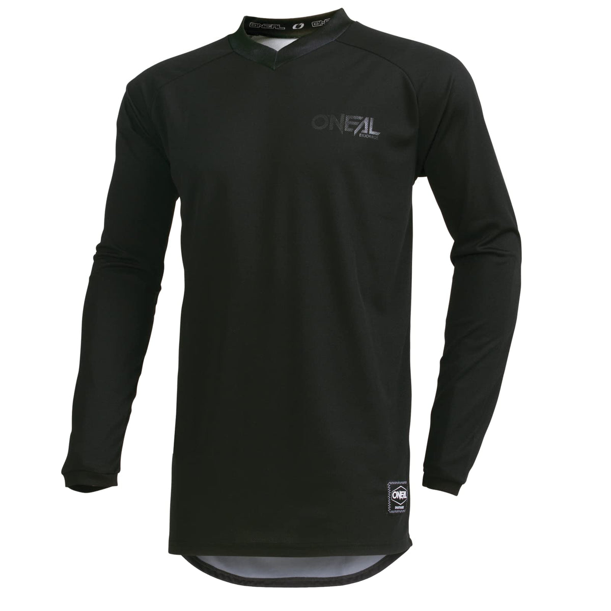 O'NEAL front view of black jersey showing fit and breathable fabric for comfort