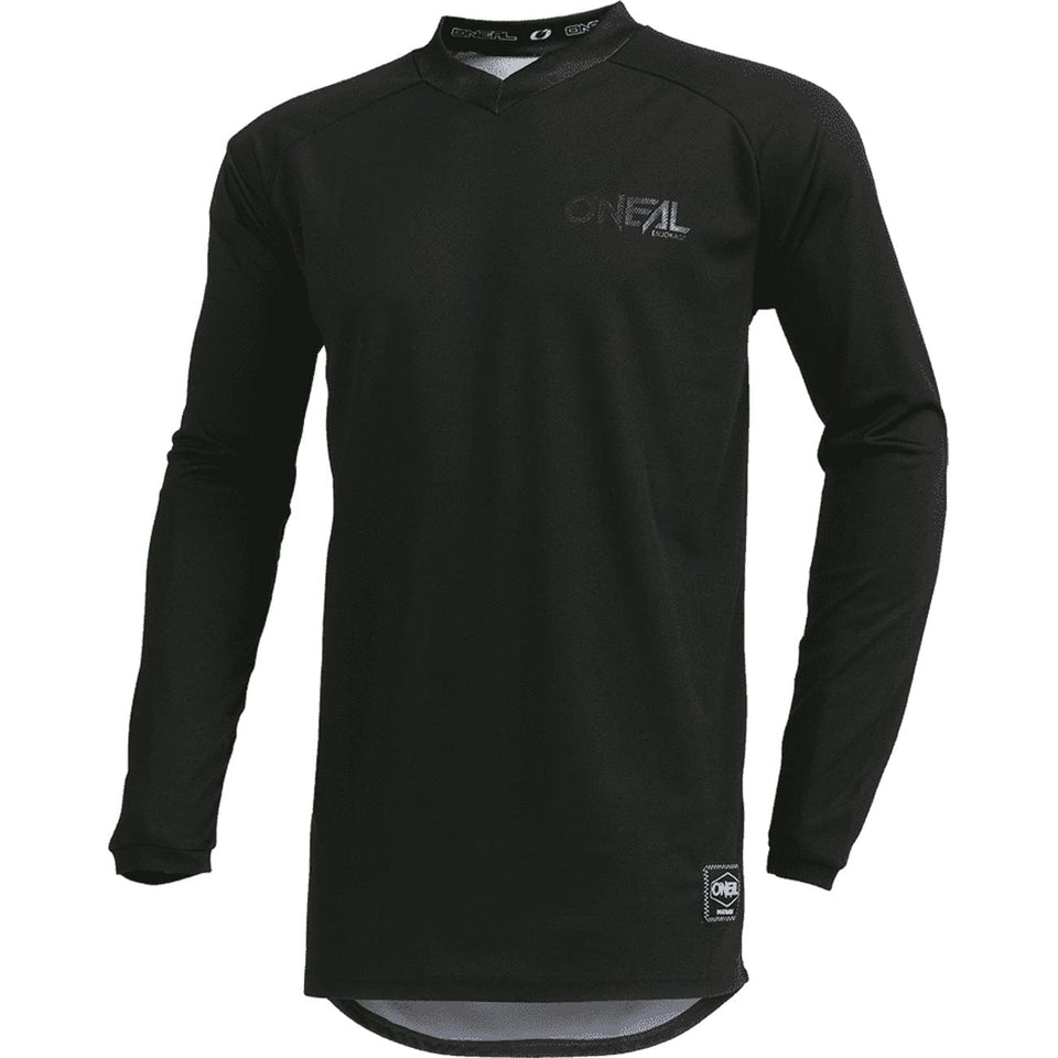O'NEAL Element classic black jersey front view showing sublimated graphics and V-neck for stylish ventilation