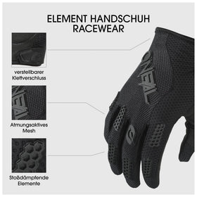 O'NEAL Element Glove palm close-up displaying ergonomic padding for improved grip comfort