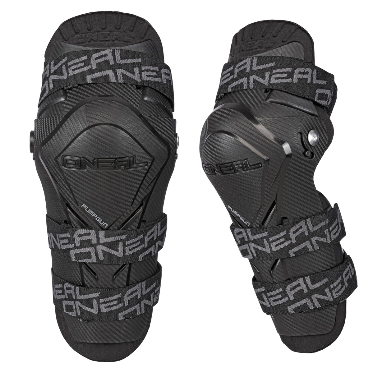 O'NEAL knee guard front view showing carbon look and secure fit benefit