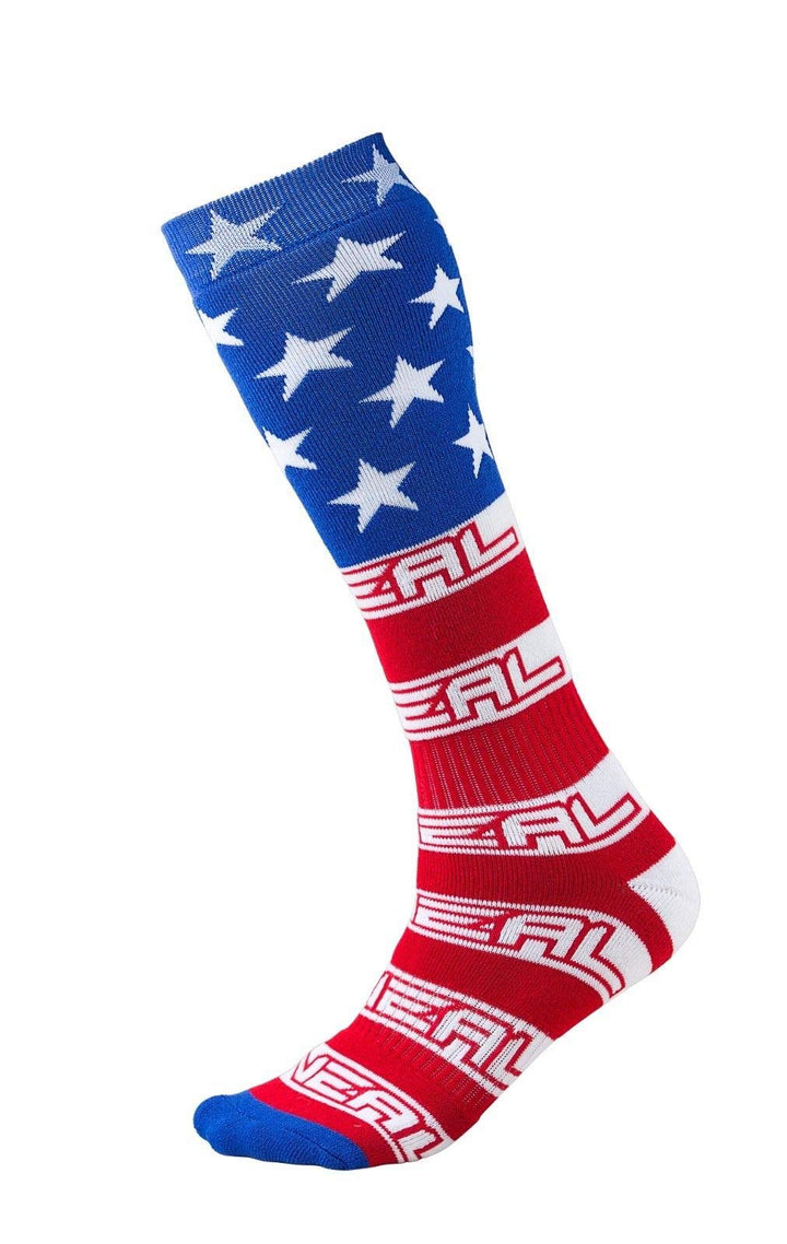 O'NEAL Pro MX USA socks front view showing knee-high fit and patriotic colors for confident styling