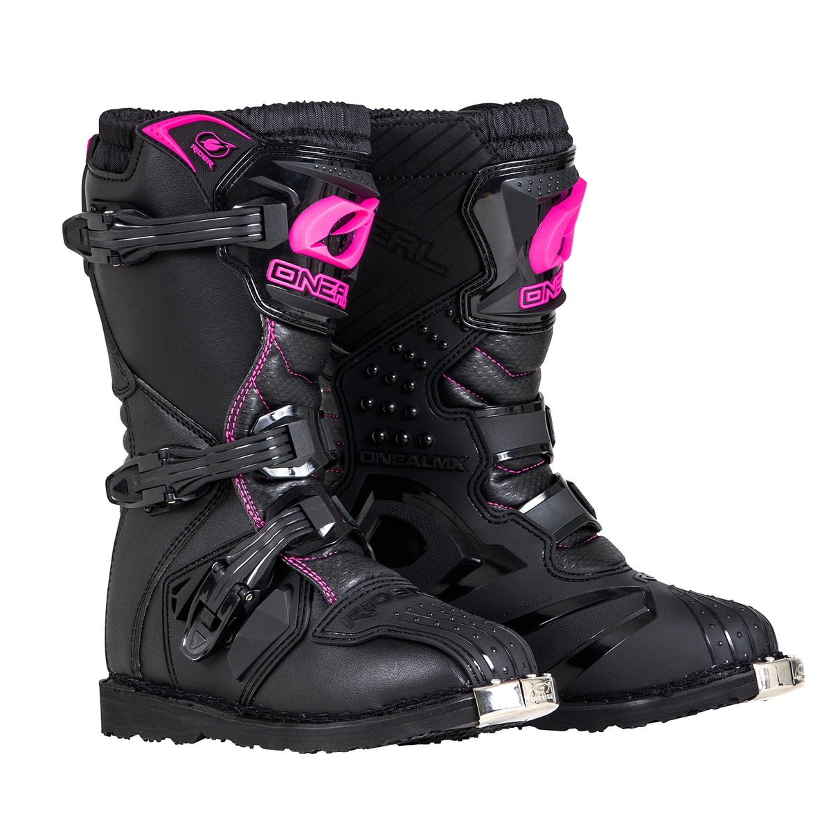 O'NEAL boot front profile showing buckles and protective plates for secure fit
