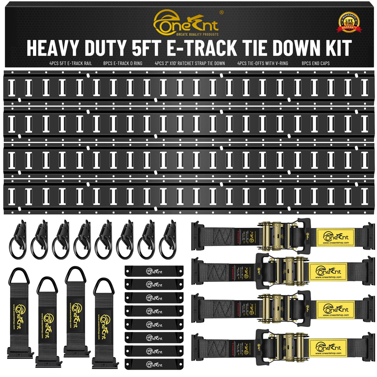 Onesnt front view of full E-Track kit showing included rails and straps for easy installation