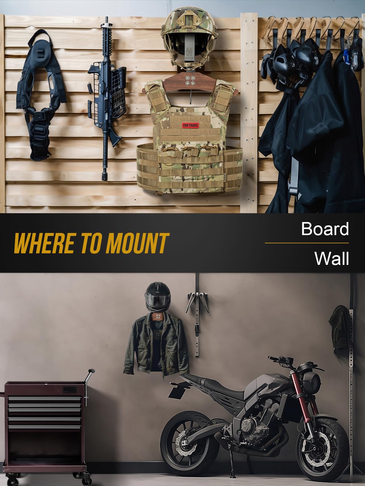ONETIGRIS vest hanger holding tactical vest highlighting weight capacity and protected shape benefit