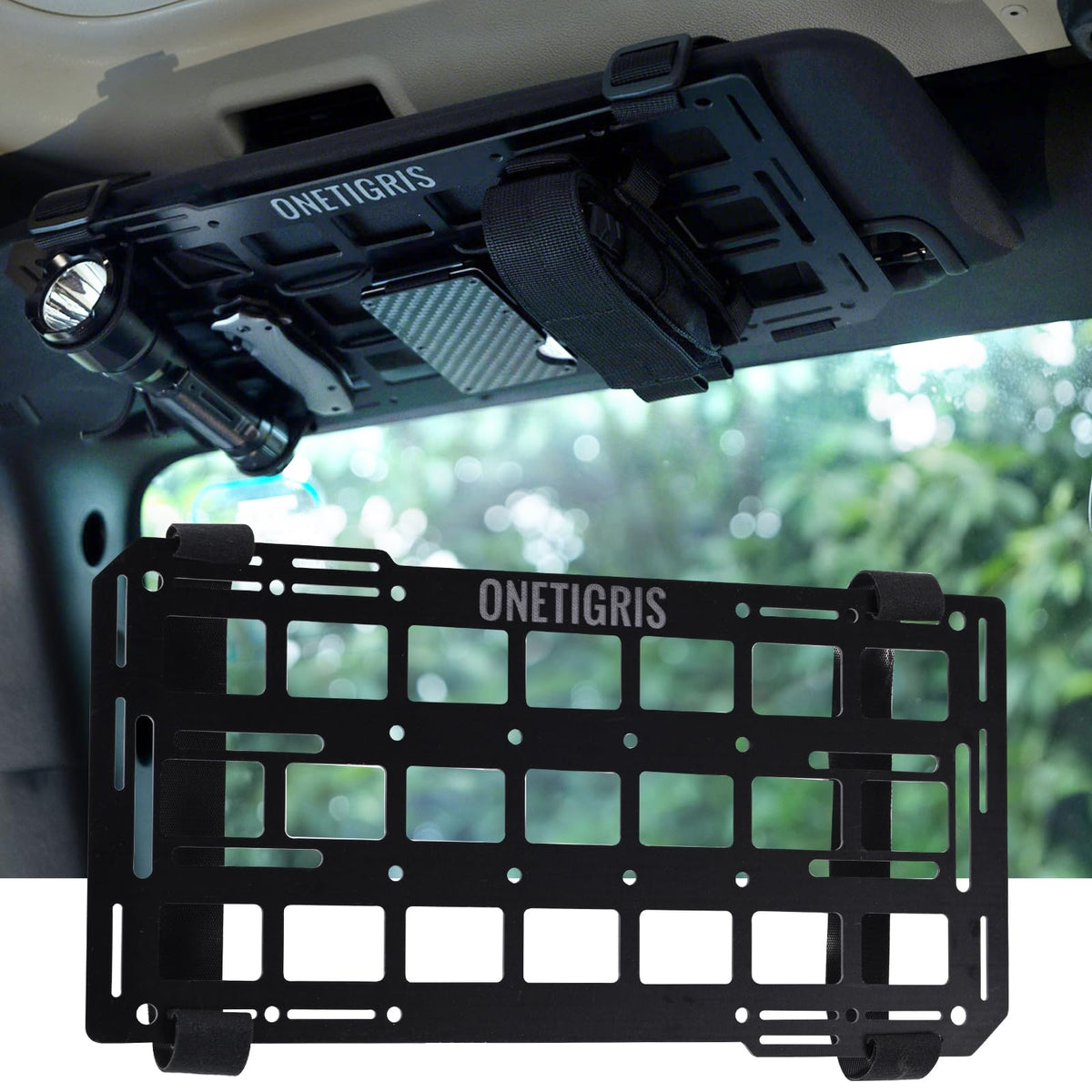 OneTigris front panel showing rigid fiberglass construction and secure storage benefit