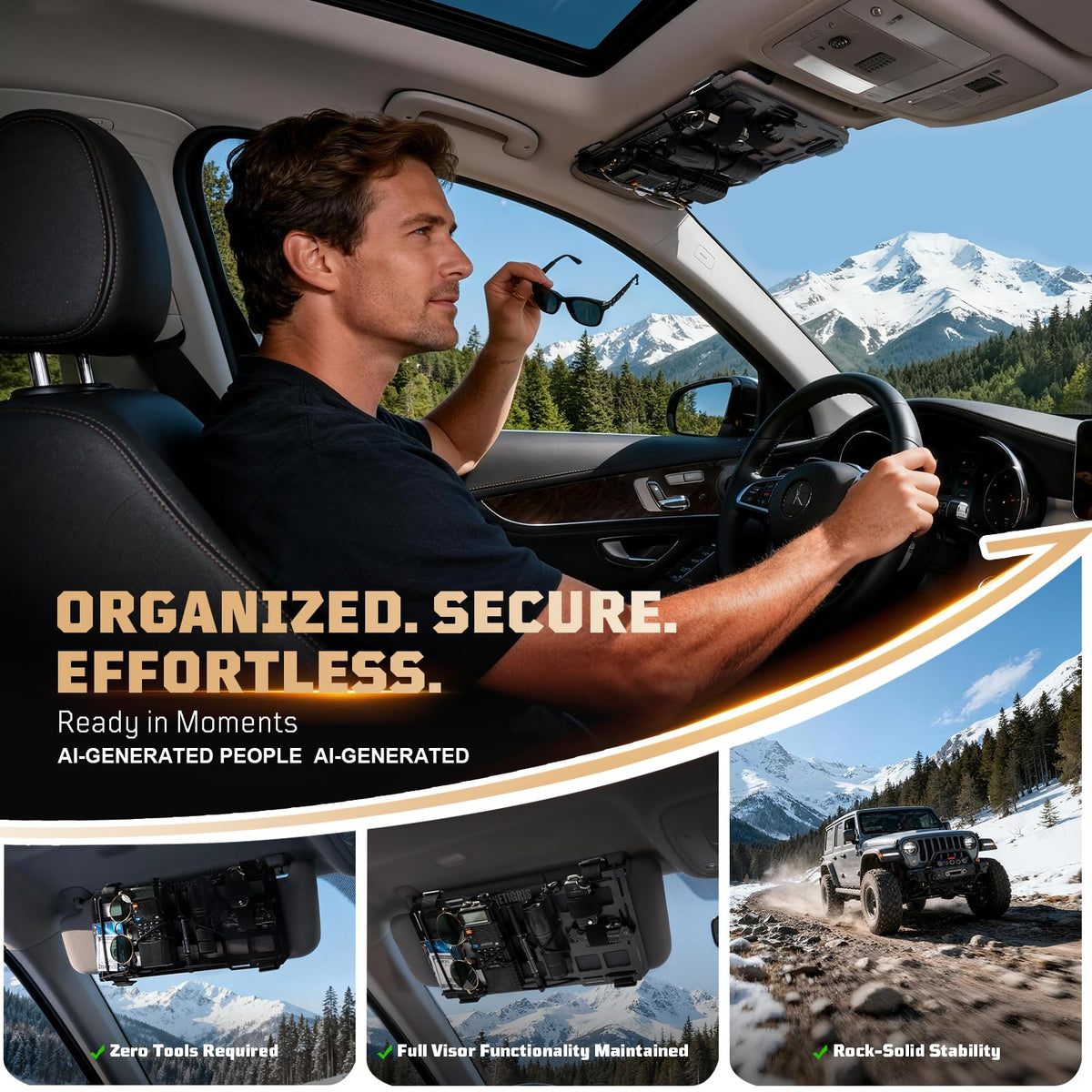 OneTigris visor holding multitool, flashlight, sunglasses demonstrating organized access