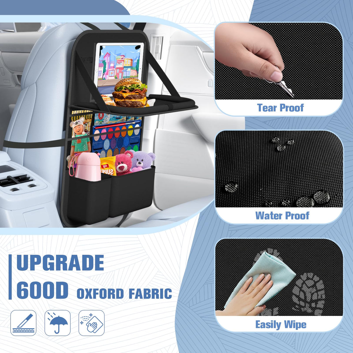 Oneyus adjustable straps and buckles securing organizer tightly to car seat
