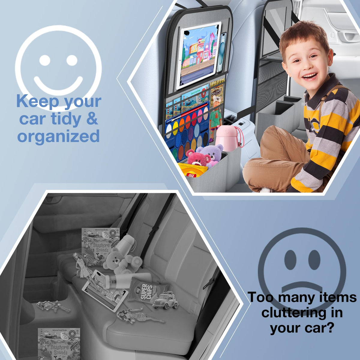Oneyus family roadtrip lifestyle scene showing organized backseat and happy kids