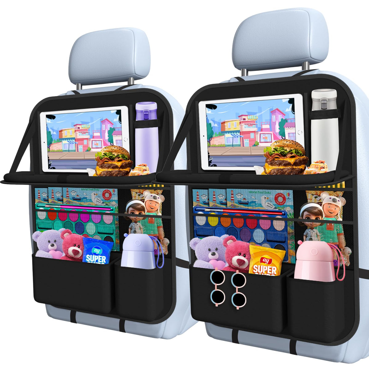 Oneyus front view of seat-back organizer showing tray and pockets for tidy storage