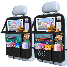 Oneyus front view of seat-back organizer showing tray and pockets for tidy storage