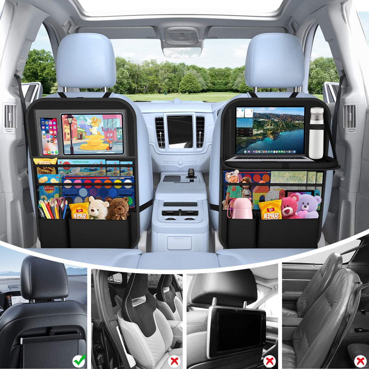 Oneyus organizer displayed on vehicle seat for scale to show compact fit