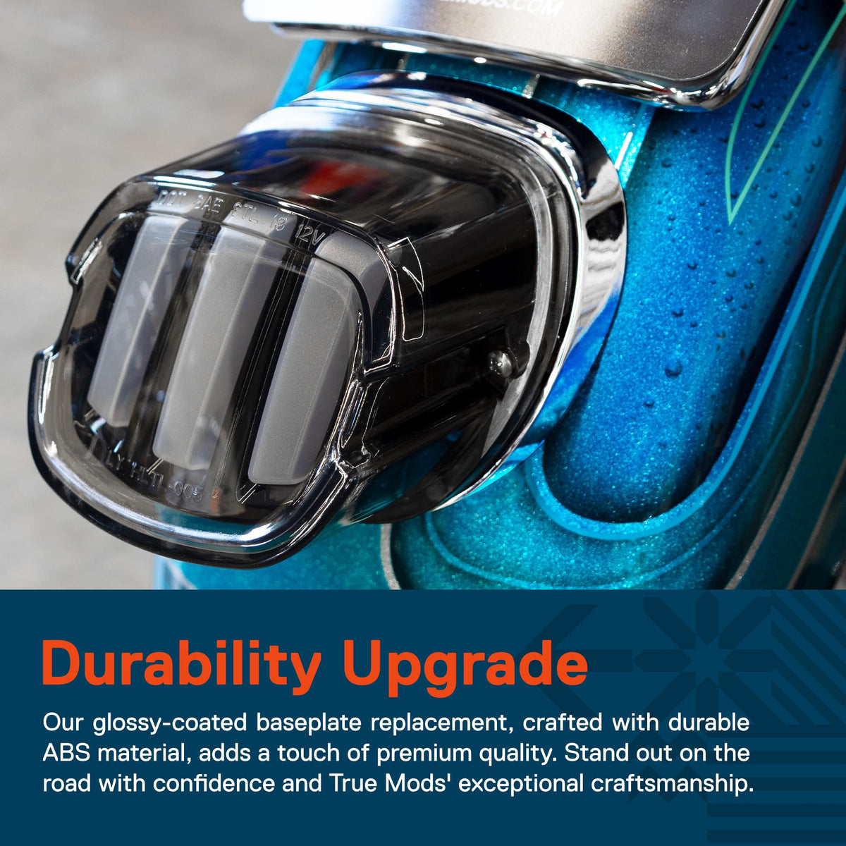 ONLINE LED STORE close-up of glossy coating highlighting TRUE MODS scratch resistance benefit