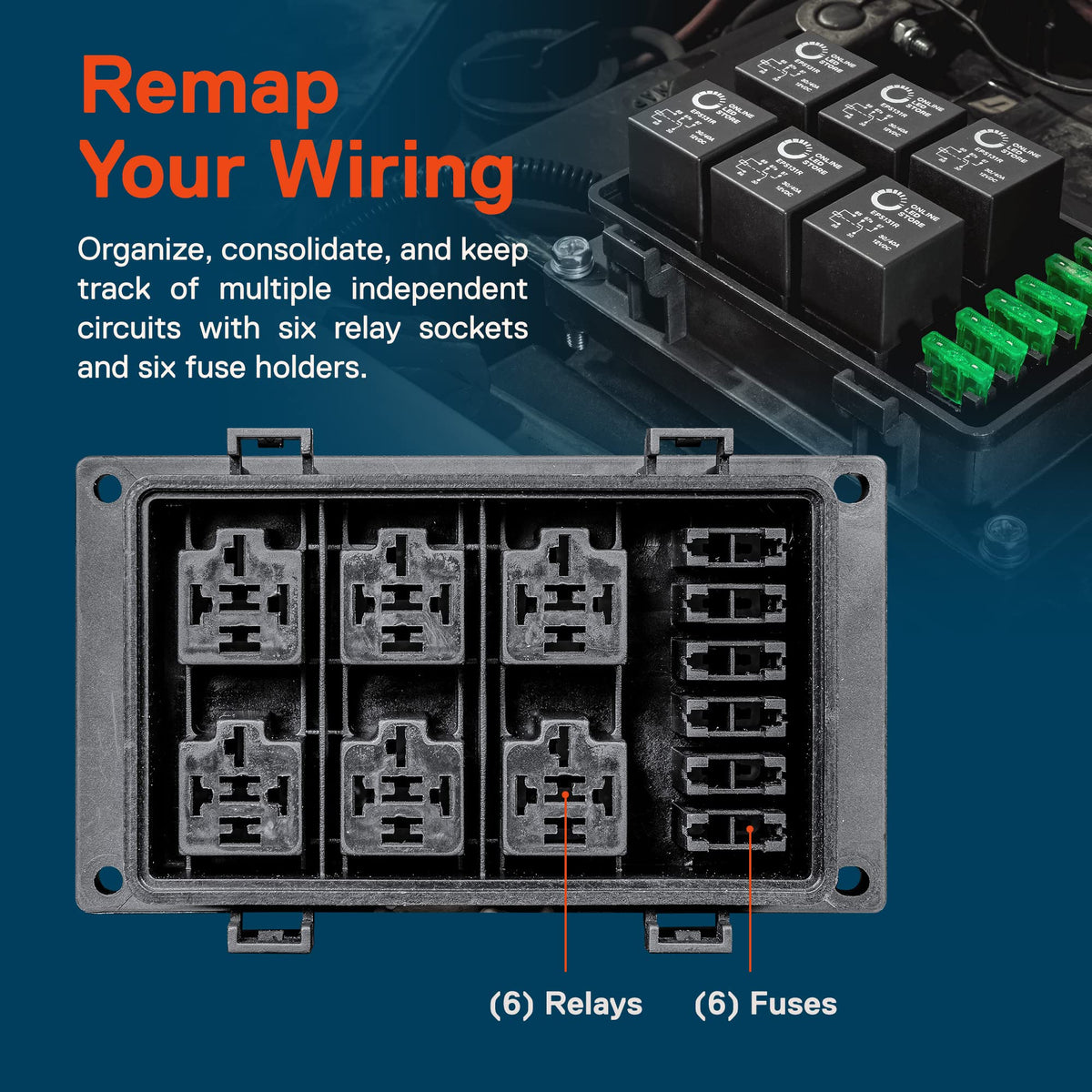 ONLINE LED STORE True MODS open view revealing relay sockets and fuse holders for easy service